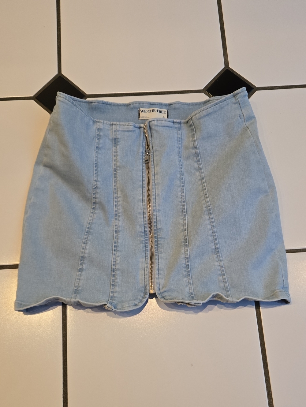 We The Free Pale Blue Denim Front-Zip Paneled Mini Skirt